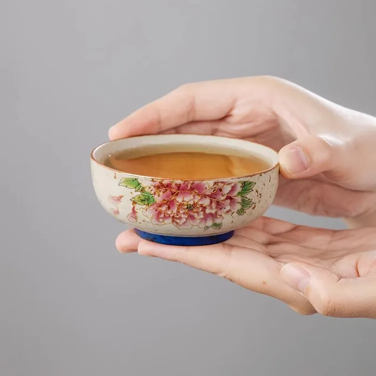 火石红金线牡丹茶杯普洱杯主人杯个人专用品茗杯功夫茶具喝茶杯子