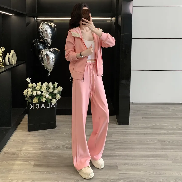 韩版休闲运动套装早秋季新款女修身显瘦连帽开衫卫衣直筒裤两件套