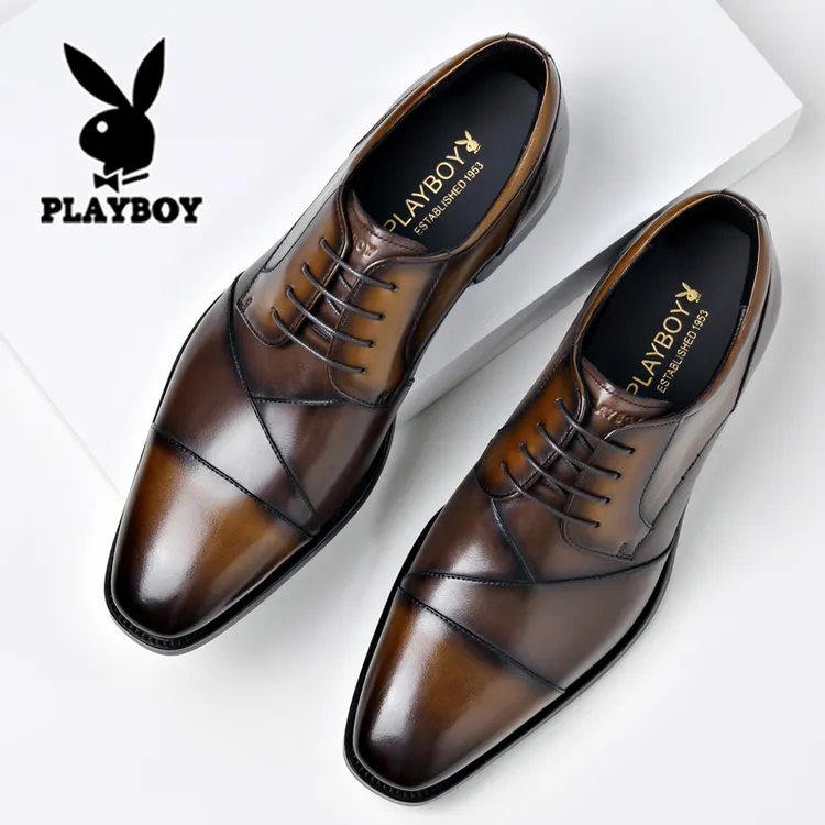 花花公子男士皮鞋真皮商务正装英伦尖头黑色棕色结婚新郎2025新款