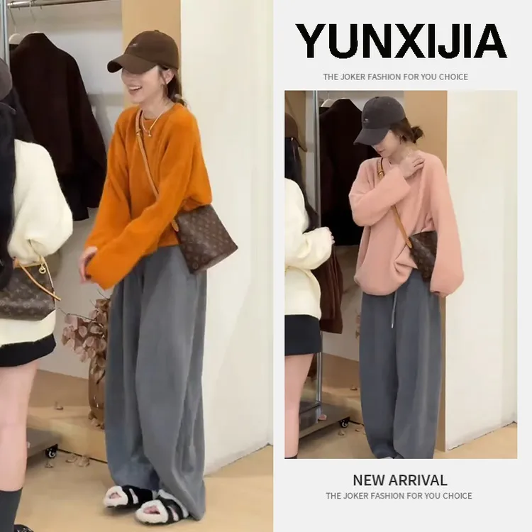 今年流行穿搭一整套女秋季2025新款韩系圆领毛衣百搭阔腿裤两件套