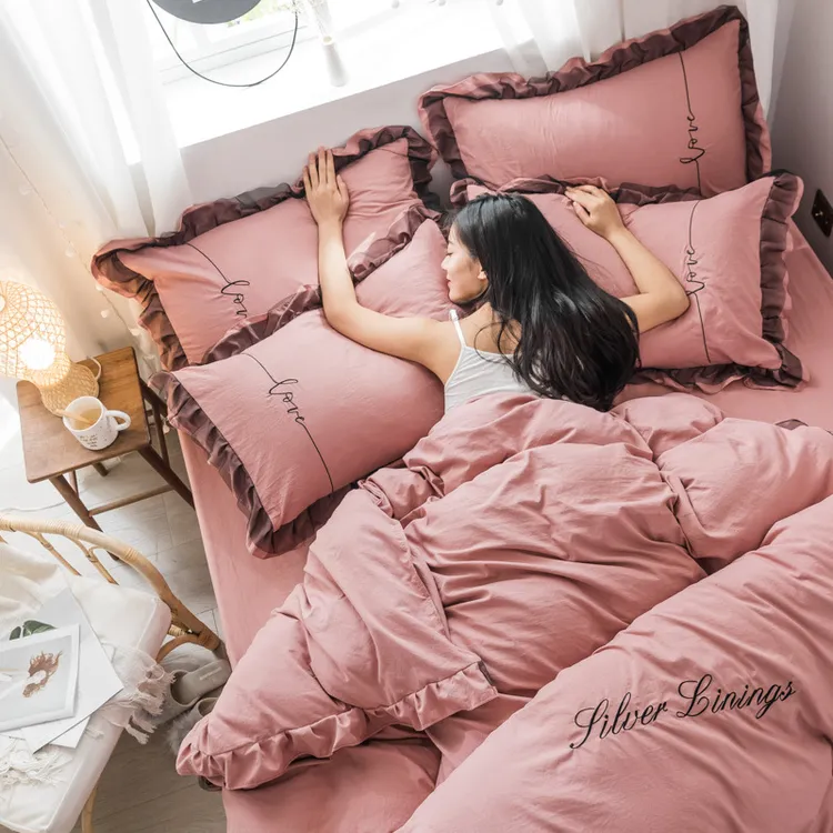 公主水洗棉四件套床单被床笠三件套四季款女生床上用品舒适