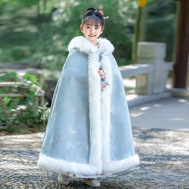 蓝色女童汉服连帽斗篷仙气毛领中国风小女孩加绒加厚长款披风秋冬