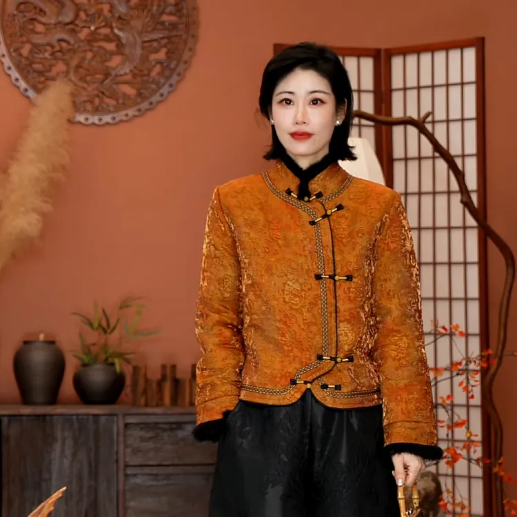 【静哚】新中式国风人丝提花香云纱立领澳洲貂毛领盘扣秋冬新款棉衣