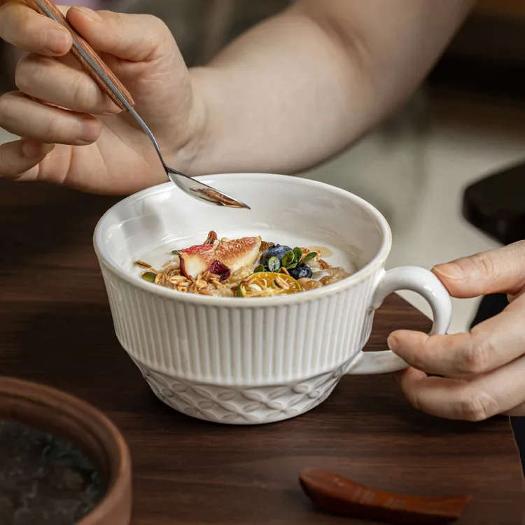 小悠家〖巨推荐浮雕花纹早餐杯〗大容量燕麦杯陶瓷喝水杯子马克杯