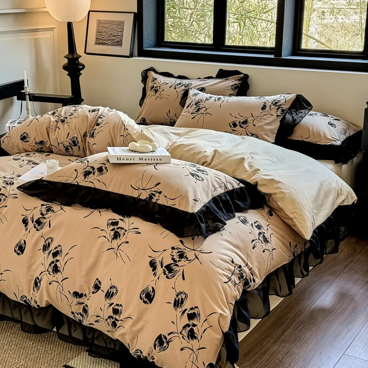 法式复古赫本风花边纯棉四件套全棉公主风被套轻奢简约床单床笠款