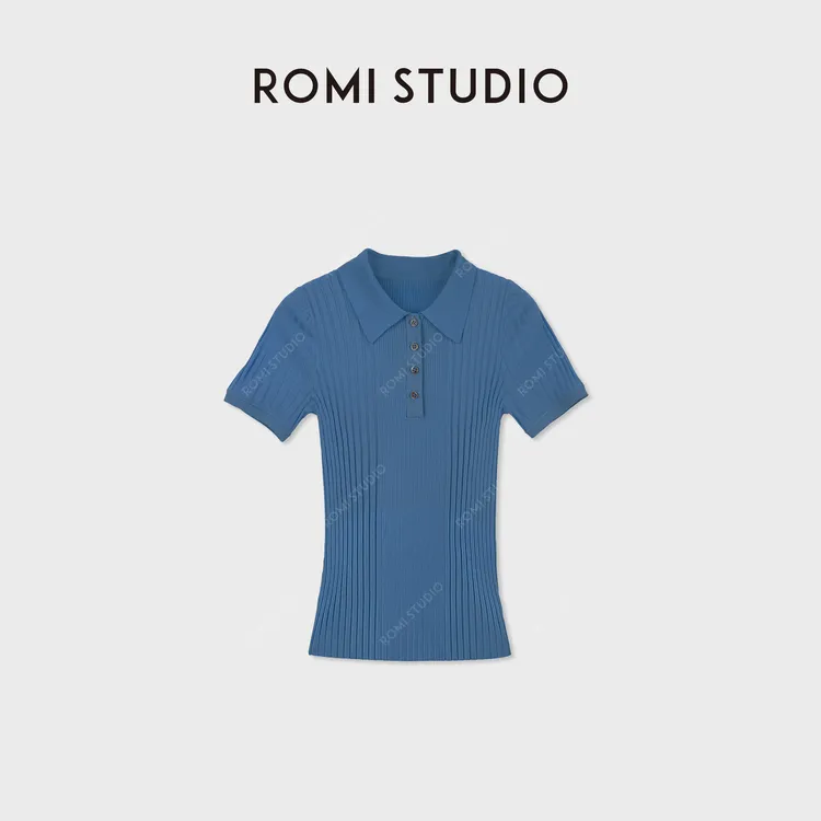 ROMI STUDIO100%高支羊毛复古蓝调坑条Polo短袖毛衫 RWDSS62245