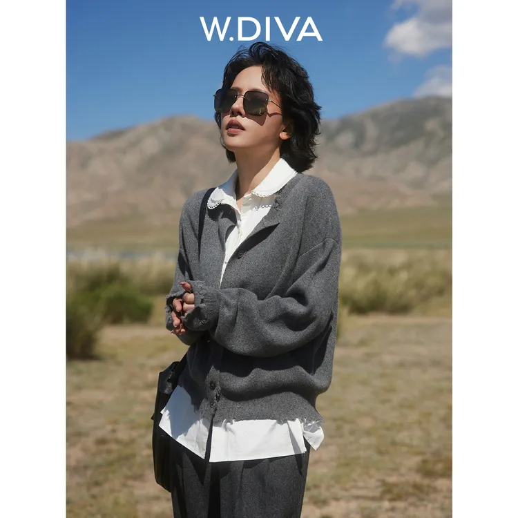 W.Diva【时光灰】秋冬随性破坏感毛边圆领羊绒开衫慵懒风54Z212706