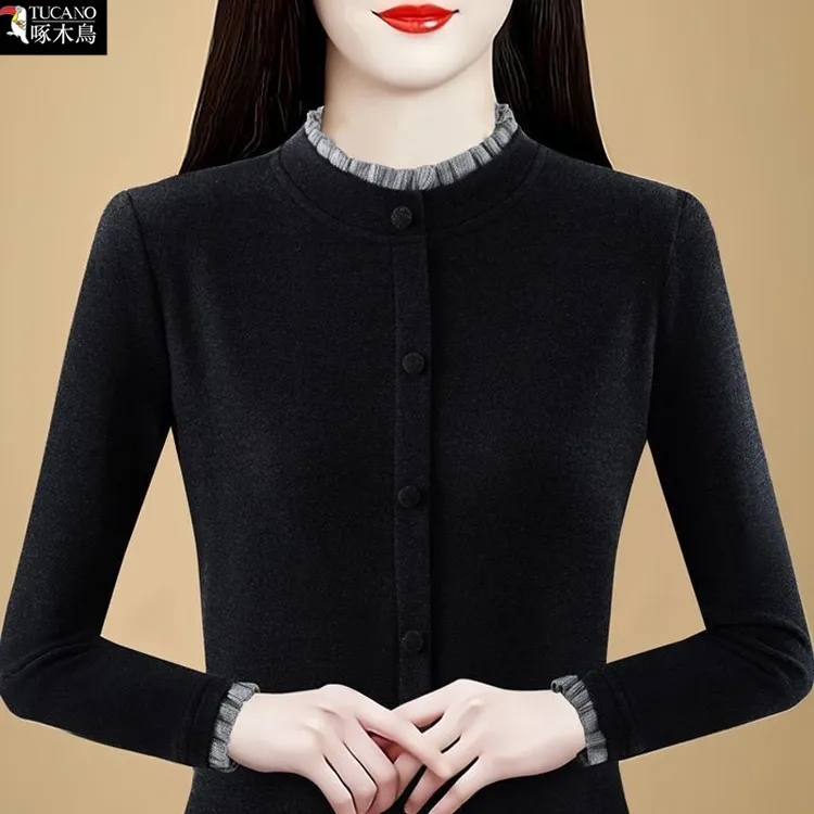 啄木鸟正品拼接设计感时尚T恤女2025年秋冬加厚立领修身显瘦上衣