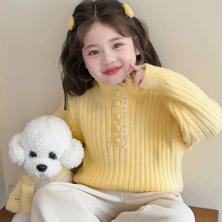 女童半高领加厚蕾丝针织毛衣秋冬洋气保暖内搭上衣