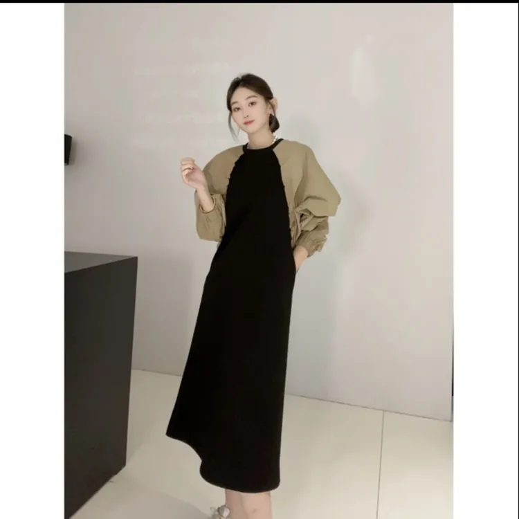 2025秋季新款法式撞色宽松连衣裙显瘦小众设计感假两件连衣裙女