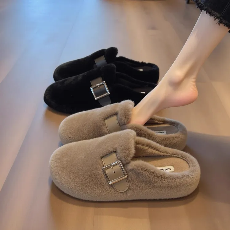 水貂绒包头2025秋冬新款外穿软底防滑网红毛毛拖鞋平底孕妇棉拖鞋