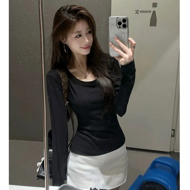 正肩长袖t恤女春秋季新款小个子修身显瘦内搭打底衫纯欲上衣P997