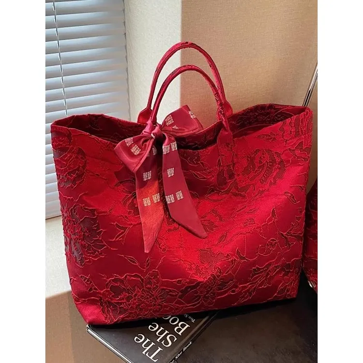 新中式红色结婚包包女大容量喜妈妈新娘手提袋国风帆布通勤托特包