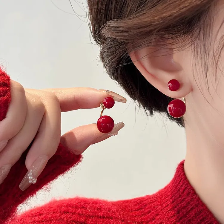 铜合金耳饰 红色珍珠耳环女小众高级感轻奢耳钉气质复古新年耳饰