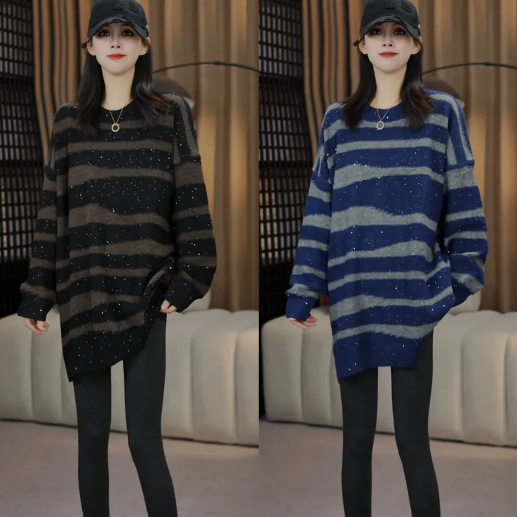 欧货冬新款潮牌时尚复古风撞色条纹针织衫宽松圆领毛衣百搭上衣