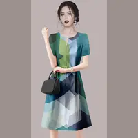 夏季短袖印花收腰显瘦连衣裙2025新款女时尚气质中长裙子