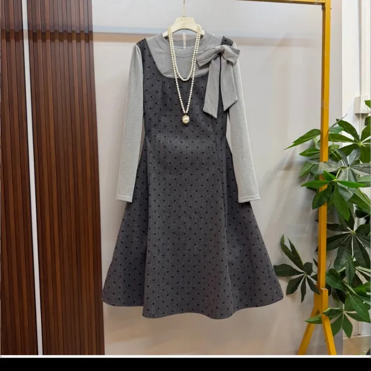 《大亭家》新款时尚洋气精致波点高级显瘦百搭蝴蝶结设计大码连衣裙