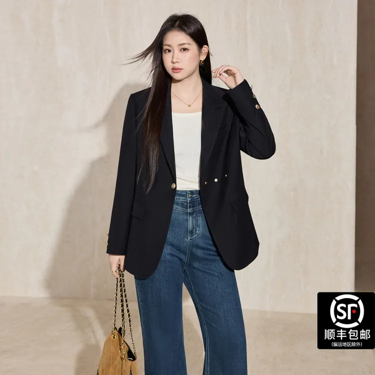 蓝语蓝语大码女装黑色时尚休闲百搭西装2025秋季遮肉显瘦上衣外套