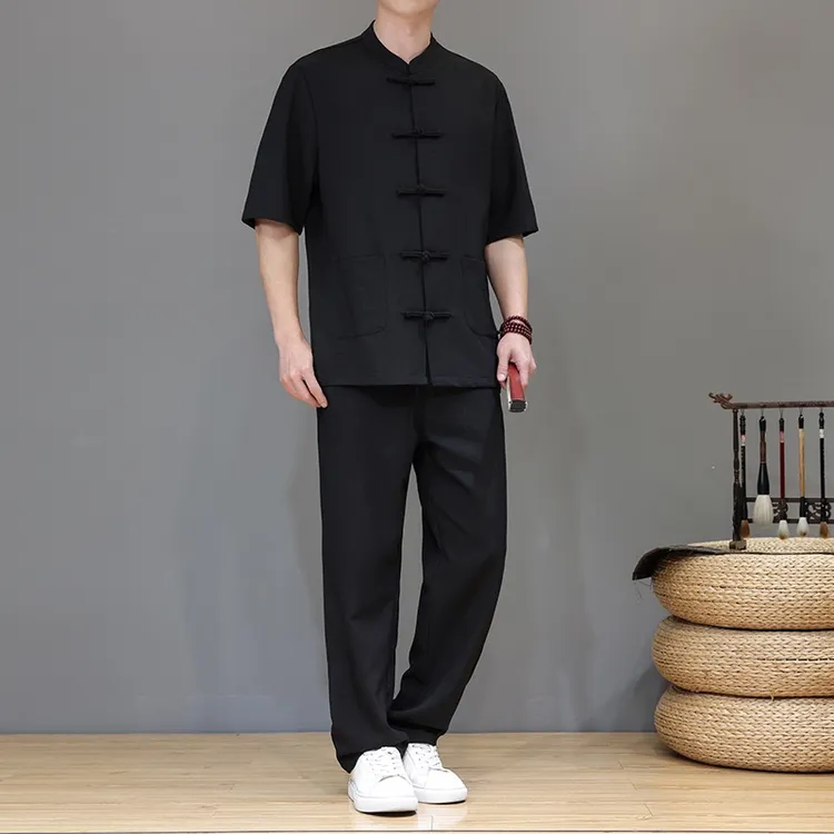 2025夏季中国风唐装轻奢天丝亚麻短袖长裤套装男士冰爽简约两件装