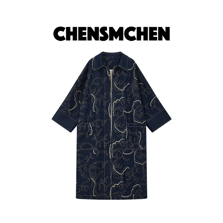 CHENSMCHEN 牛仔翻领刺绣长款风衣女时尚休闲百搭外套CSW7118SL