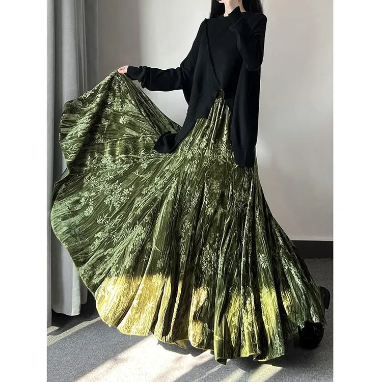 复古印花绿色长裙子女春秋冬长款国风半身裙女丝绒鱼尾裙大摆裙女