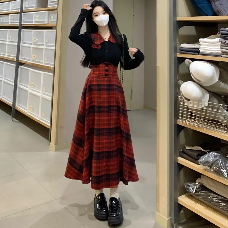 大码胖甜辣撞色领衬衫上衣收腰格纹半身裙女秋冬显瘦两件套
