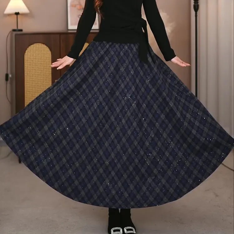 格子大摆裙亮片毛呢半身裙女秋冬加厚A字裙高腰显瘦长裙百搭裙子