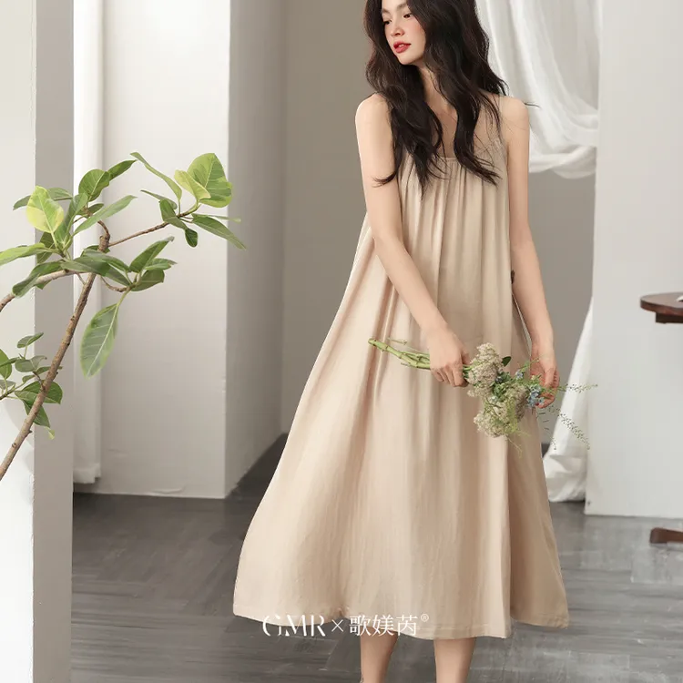 竹纤维棉纱睡衣女士带胸垫法式性感吊带睡裙抗菌中长款家居服纯欲