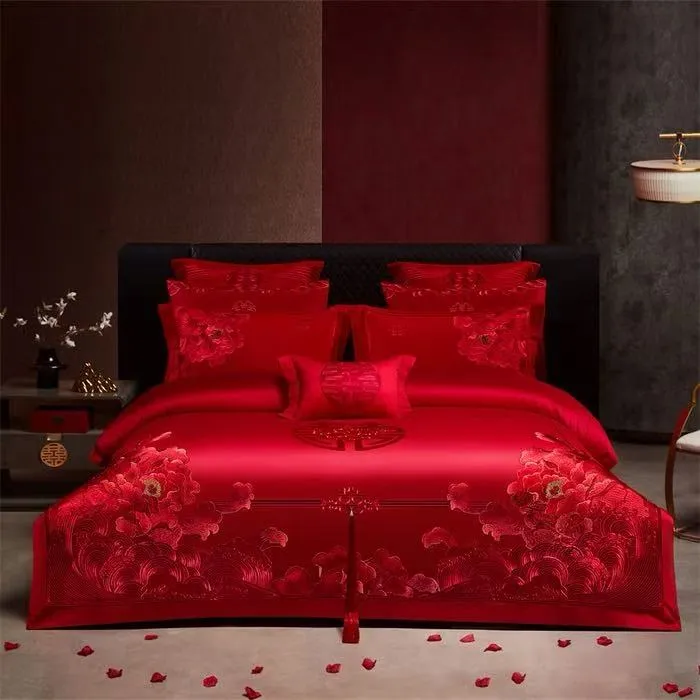 长绒棉刺绣刺绣套件（皇朝喜嫁）喜被结婚床盖款四件套结婚四件套