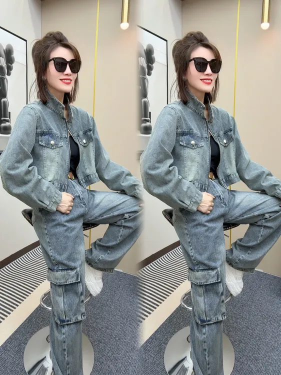 8583#复古牛仔工装两件套