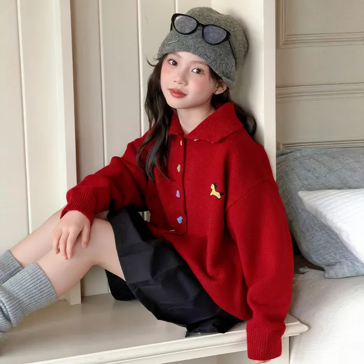 女童冬装毛衣2025新款开衫上衣中大童加厚卡通爱心彩扣毛衣外套