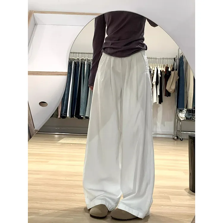 大码设计感白色褶皱纹理直筒牛仔裤女夏季宽松高腰垂感阔腿拖地裤
