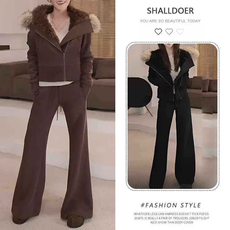 2026冬季毛领棉衣阔腿裤时尚套装利落质感保暖舒适个性潮流两件套