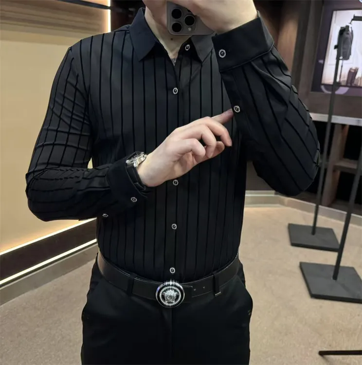 春秋新款男士商务时尚休闲长袖衬衫高品质植绒印花修身显瘦翻领衣