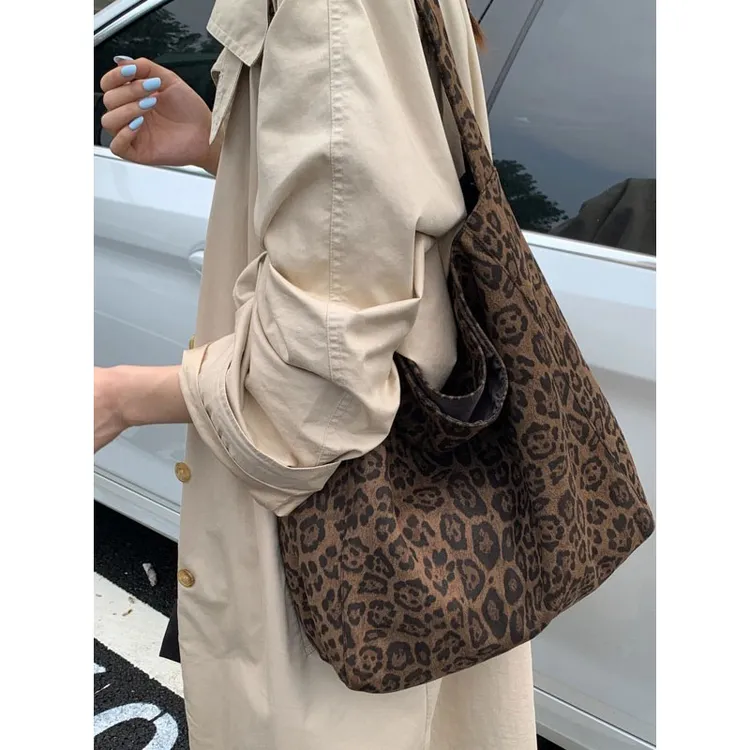 休闲慵懒风绒面豹纹帆布包包女2025新款通勤腋下托特包小众单肩包