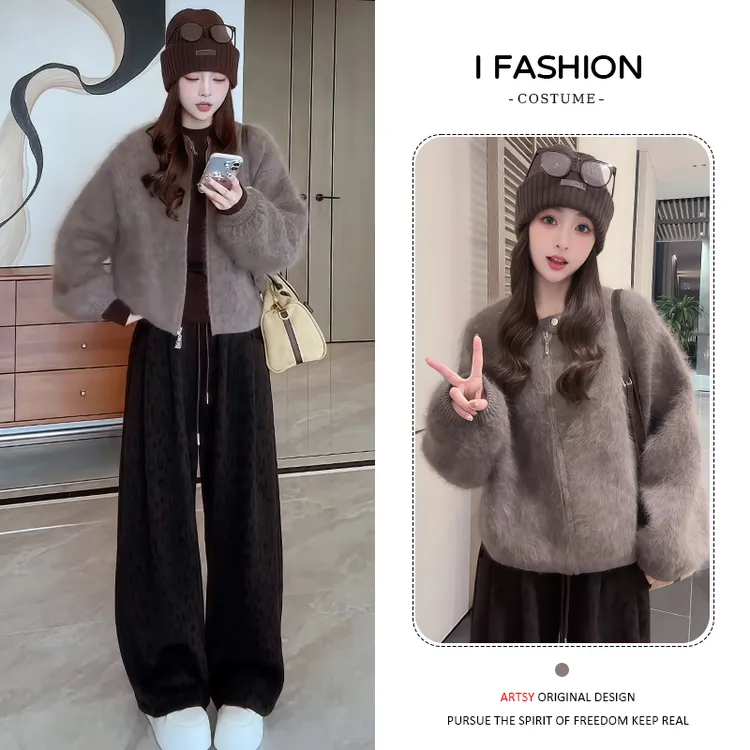 慵懒风时尚气质套装女2025年秋冬季新款宽松遮肉外套阔腿裤两件套