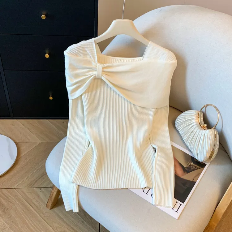 设计感休闲时尚方领蝴蝶结长袖针织衫法式温柔气质显瘦毛衣G9-36