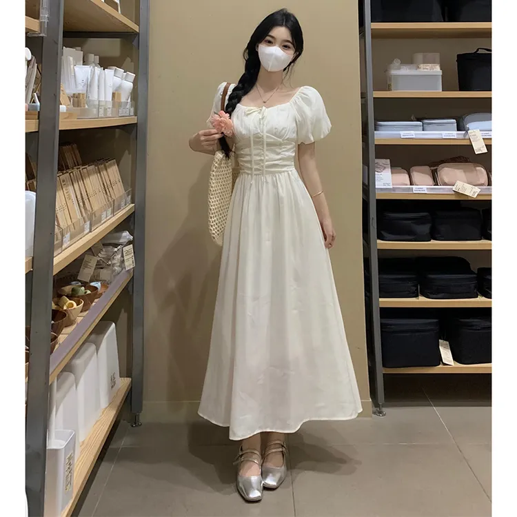 大码女装法式方领甜美初恋小白裙夏季胖mm温柔风遮肉气质显瘦长裙