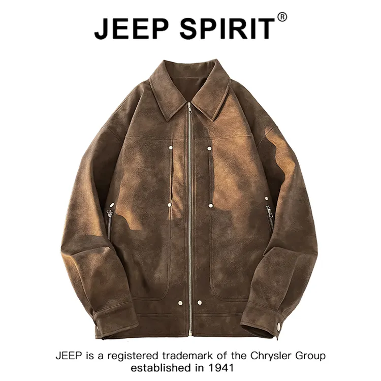 JEEPSPIRIT吉普美式复古皮衣外套春季流行穿搭高级感翻领情侣夹克