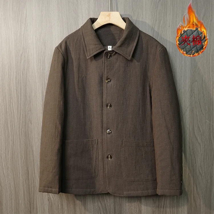 【轻奢麻料】男士纯色棉麻翻领轻薄棉服保暖复古袄子棉衣外套上衣服
