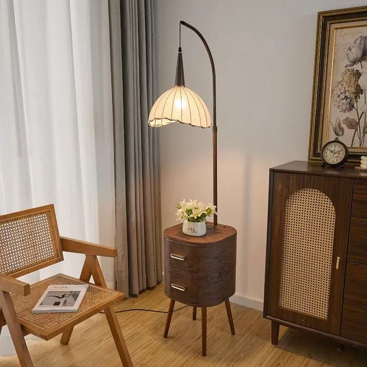 落地灯床头柜一体中古风家用卧室轻奢高级实木置物创意收纳台灯