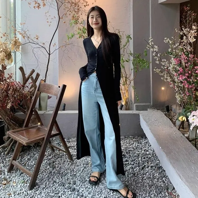 早秋女装新款爆款黑色V领长款薄款针织开衫上衣轻奢高级气质外套