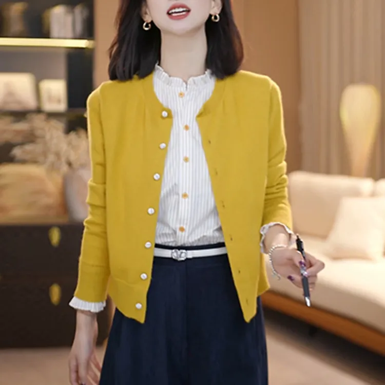 2025秋季新款时尚复古百搭圆领拼色长袖针织开衫女小众减龄衣服
