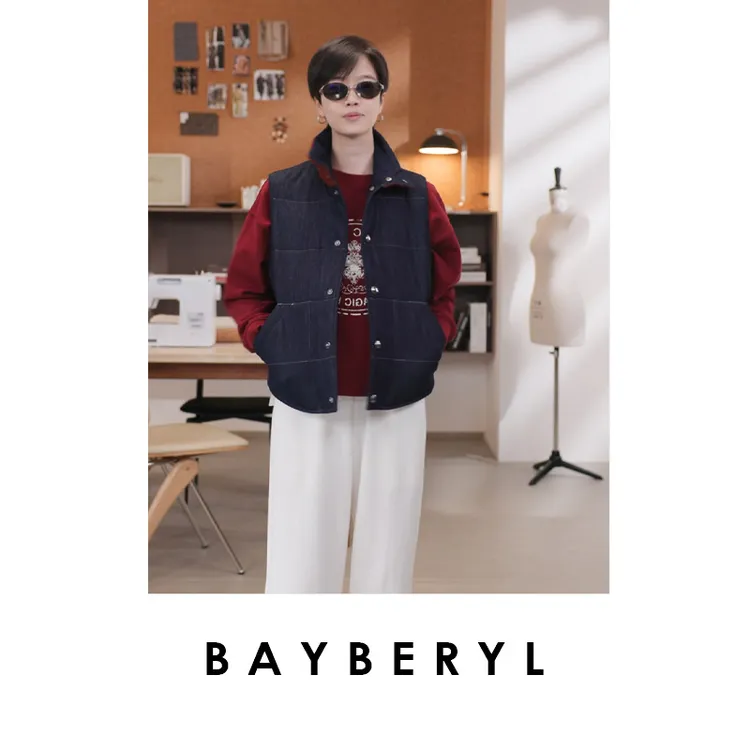 CC10-BAYBERYL老贝1P牛仔蓝拼色时尚冬复古立领羽戎马甲MJ5E2646