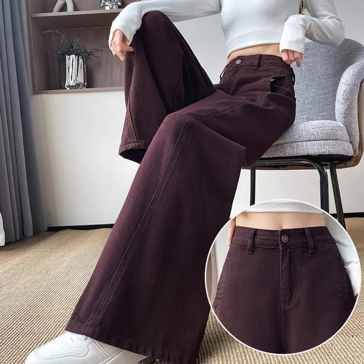 蜜蜜穿搭加绒加厚美式深咖色阔腿牛仔裤女2025冬季A版宽松弯刀裤