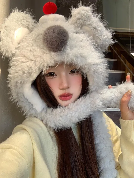 耳朵会动~可爱蛋糕考拉毛绒帽女秋冬季加厚保暖防寒护耳雷锋帽子