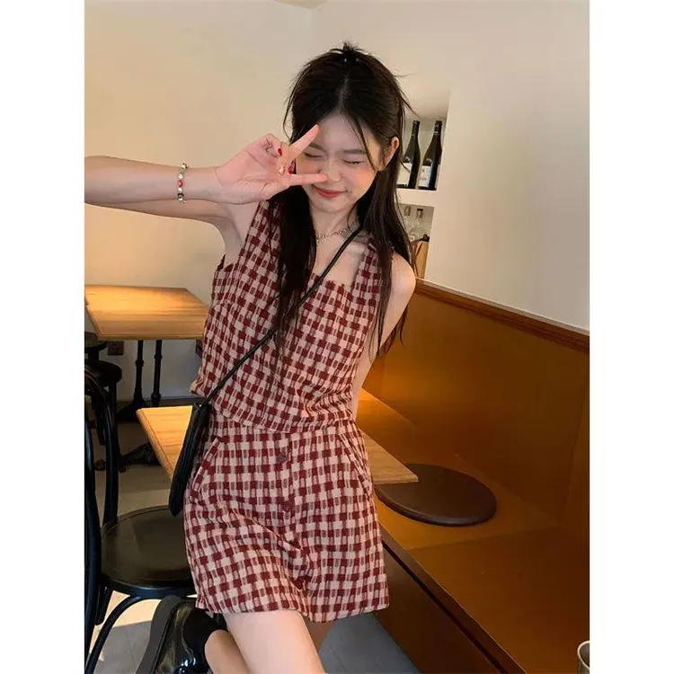 【疆藏包邮】纯欲甜辣风减龄套装夏季短款格子背心上衣女装高腰半身