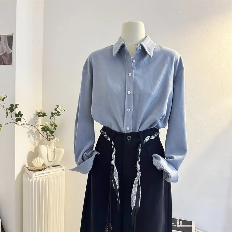 2025秋冬季蓝色加厚磨毛衬衫女长袖休闲百搭叠穿衬衣职业通勤上衣