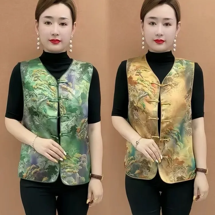 中式国风气质马甲时尚复古坎肩背心盘扣女装妈妈无袖