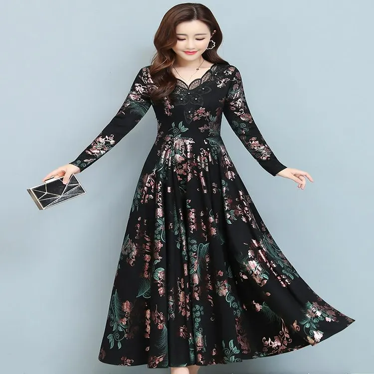 【有氨直贡呢200g】妈妈秋装长袖连衣裙女秋冬季洋气时尚百搭长款